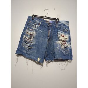 Lucky Brand Violets Distressed Denim Shorts Blue Splatter‎ Paint Shredded 38